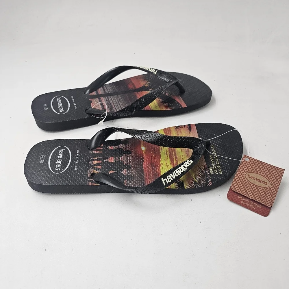 Havaianas Hype Massaguacu Beach Sunset Graphic Flip Flops Black Sz 41/42 NWT